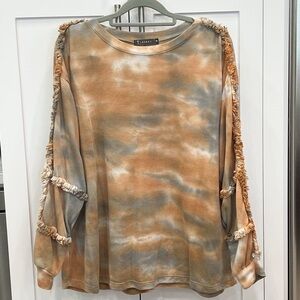 VALUE BUY T Party Rustic Earth-Toned Tie Dye Long Sleeve Fringe Top PRICE FIRM